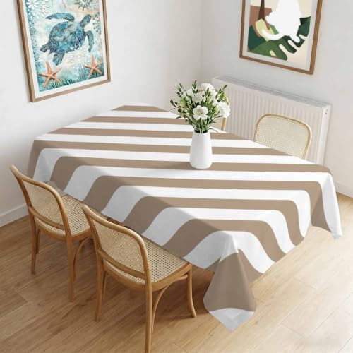 Country Taupe White Stripe Waterproof Tablecloth Rectangle Washable