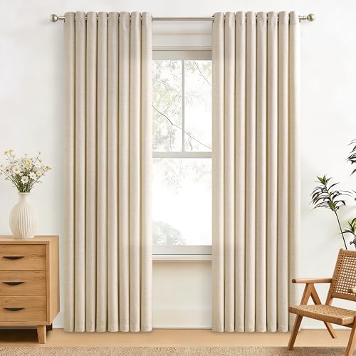 84 Inch Length Semi Sheer Beige Linen Curtains 2 Panels Set 52x84