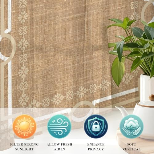 Brown Farmhouse Sheer Curtains 96 Inch Long 2 Panels, Linen Texture