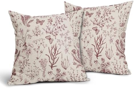 Spring Burgundy Red Floral Pillow Covers 18x18 Inch Vintage Wild