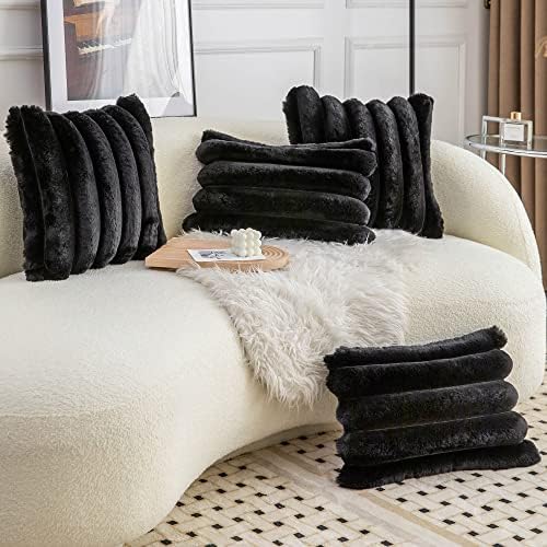 Neelvin Black Faux Fur Cozy Soft Striped Decorative Throw Pillow