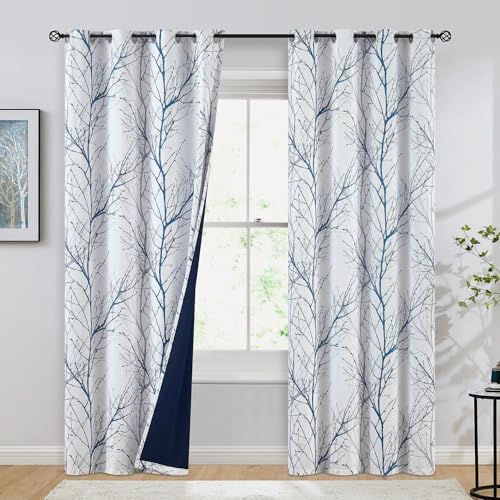 FMFUNCTEX 100% Blackout Blue Grey Tree Branch Curtains 96 Inch 2