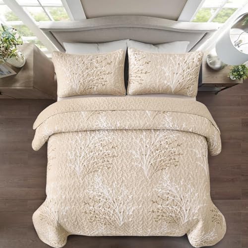 DJY Beige Quilt Set Queen Size - Branch Botanical Bedspread Coverlet