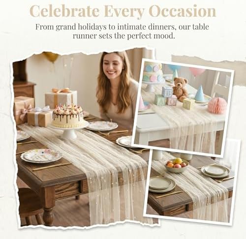 Beige Gauze Table Runner 120 Inch, Sheer Boho Rustic Cheesecloth