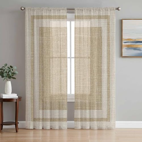 Beige Vintage Sheer Curtains 72 Inch Length 2 Panels, Rustic Farmhouse