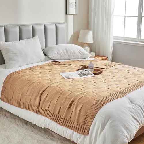 CozeCube Beige Knitted Checkered Throw Blanket 60"X80"