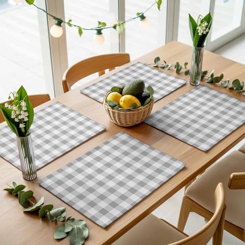 Grey Plaid Placemats Set of 8, Cotton Linen Fabric Place Mats