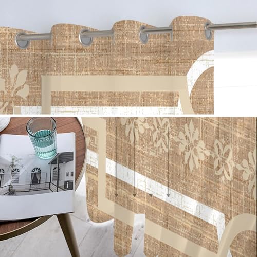 Brown Farmhouse Sheer Curtains 96 Inch Long 2 Panels, Linen Texture