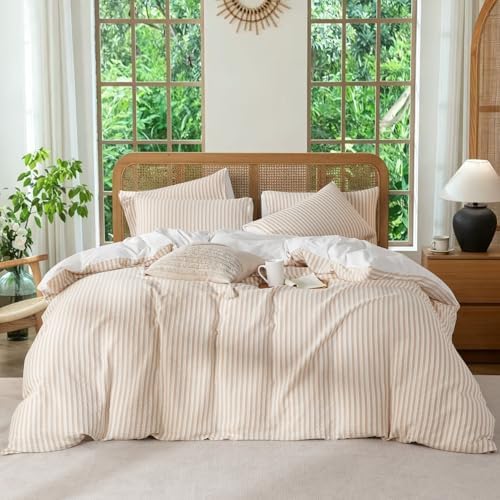 Striped King Duvet Cover Beige Washed Cotton Jacquard 3 Pieces Bedding