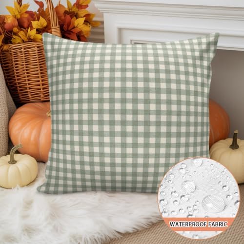 Outdoor Pillow Covers Set of 2, Rustic Sage Green Beige Checker