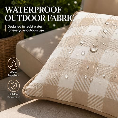 Waterproof Outdoor Pillow Covers 18x18, Set of 2, Beige and White