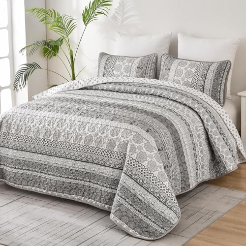 WONGS BEDDING Boho King Quilt Set,3 Pcs Grey Bedspread Covrtlet Set