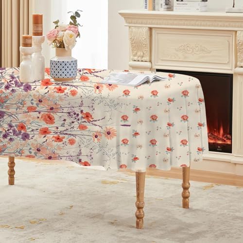 Orange Floral Print Oval Table Cloth, Waterproof Duty Vinyl Plaid