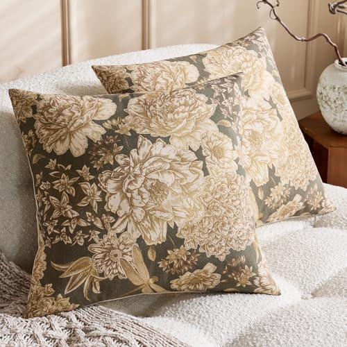 Floral Green Vintage Pillow Covers 22x22 Inch Set of 2 Farmhouse Block