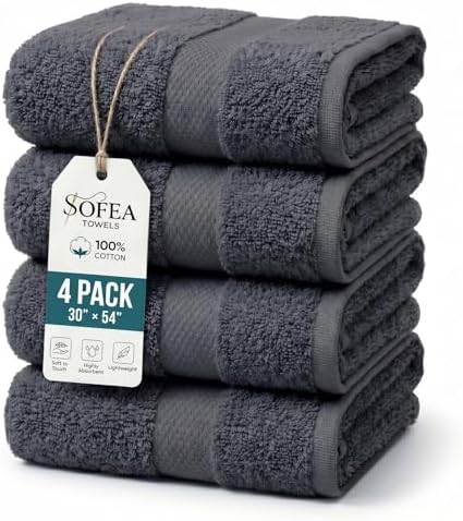 Sofea Bath Towels 4 Pack (30 x 54 Inches), 100% Cotton Towels Set