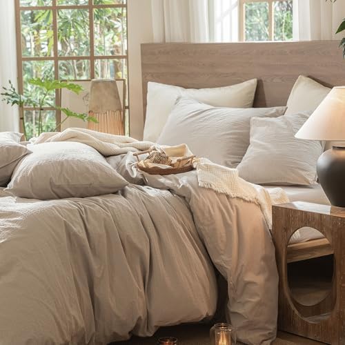 MooMee Jacquard Duvet Cover Set 100% Washed Cotton Linen Like Cal King