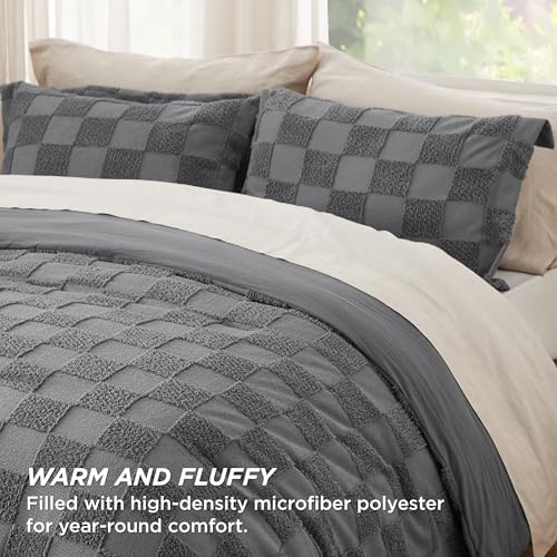 Bedsure Dark Grey Comforters Queen Set, Boho Soft Plaid Bedding Set