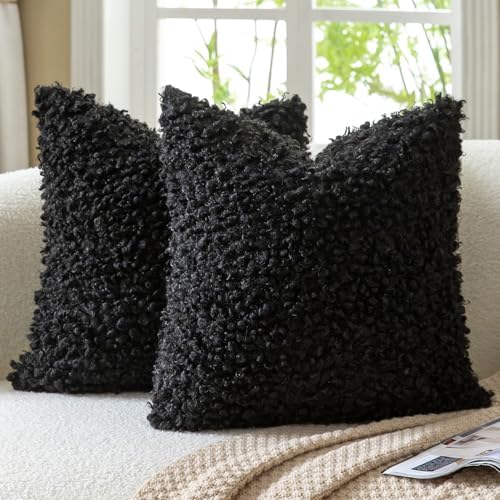MANDIOO 2 Pieces 18x18 Inch Black Faux Fur Throw Pillow Covers Boucle