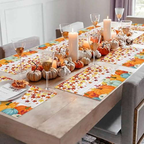 Placemats Set of 8, Thanksgiving Pumpkin Fall Harvest Washable Table