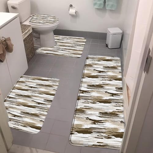 Earthy Brown Vertical Striped Bathroom Rug Set 4 Piece,Watercolor