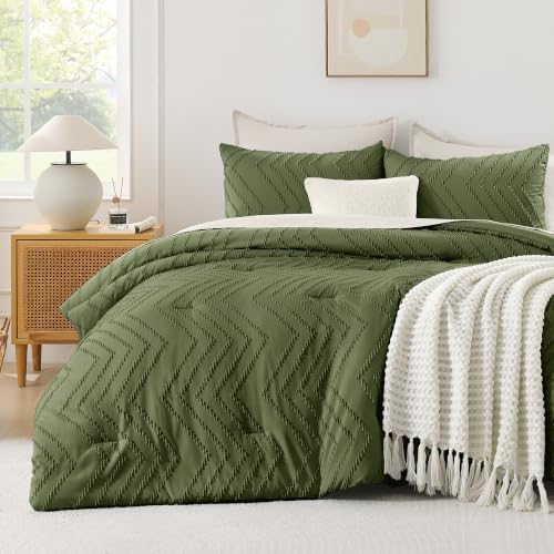 Andency Dark Olive Green Twin Comforter Set, 2 Pieces Boho Bedding Set