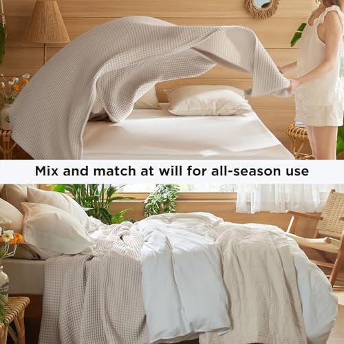 Bedsure Lightweight 100% Cotton Waffle Blanket, Oversized King, Linen