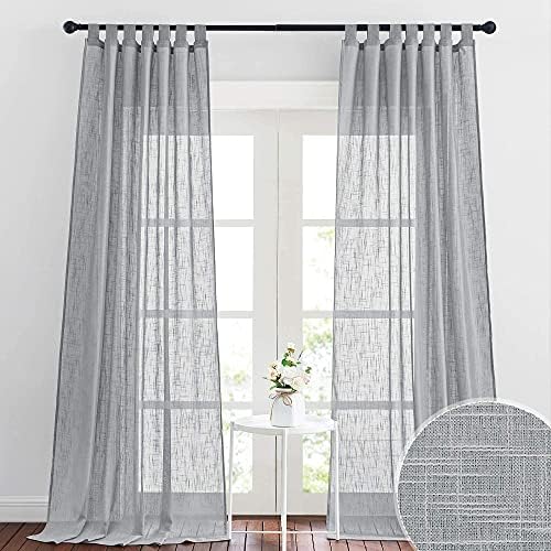 RYB HOME Grey Sheer Curtains 96 inch Length, Linen Textured Sheer