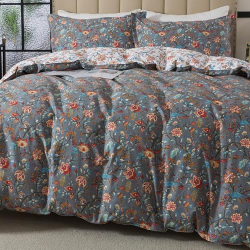 Lemfux Garden Floral Duvet Cover Set Queen, 100% Cotton Reversible