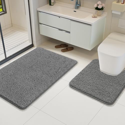 AROGAN Bathroom Rug Sets 2 Piece, 20"x20" U-Shaped & 21"×34", Grey