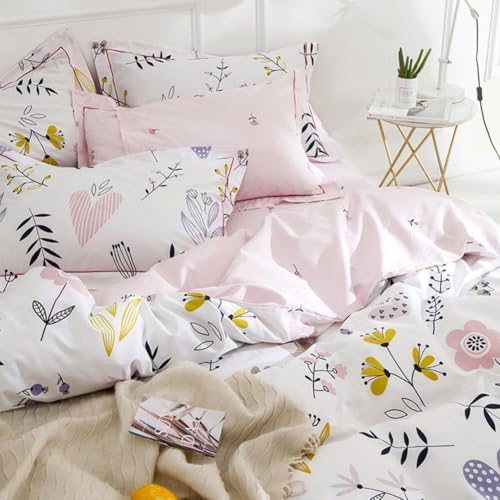 Pink Floral Duvet Cover Set Queen Girls Aesthetic Bedding Set 100%