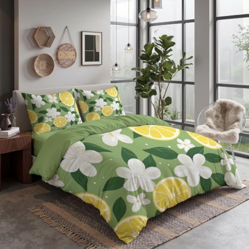 Sage Green Cartoon Lemon Slice Floral Duvet Cover Set for Women Girls