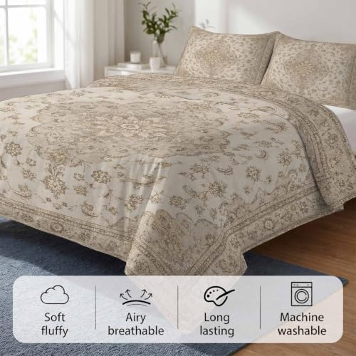 Beige Flowers Boho Duvet Cover Set 3 Pieces with Zipper Closure