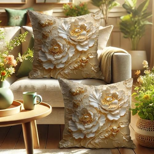 Gold Floral Pillow Covers Set of 2, Cream Peony Decorative Throw