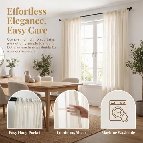 Ivory Sheer Chiffon Curtains 108 Inch Long 2 Panels Bedroom Living
