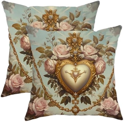 Vintage Floral Heart Throw Pillow Covers Set of 2, Cream and Gold