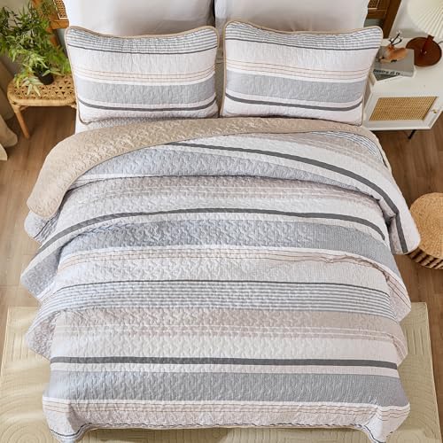 Dintszyayue Quilt King Size Khaki Grey, 3 Pcs Boho Striped Bedspread