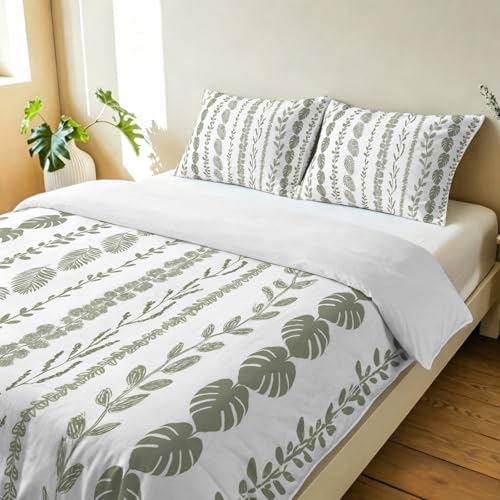 3 Pieces Bedding Set Queen Size, Sage Green Botanical Soft Duvet