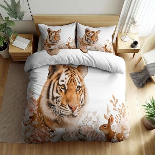 King Duvet Cover Set Animal Tiger Flower Soft Microfiber Reversible