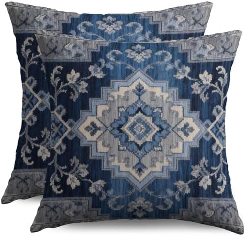 Boho Pillow Covers 20x20 Inch Set of 2 Navy Blue Vintage Floral Carpet