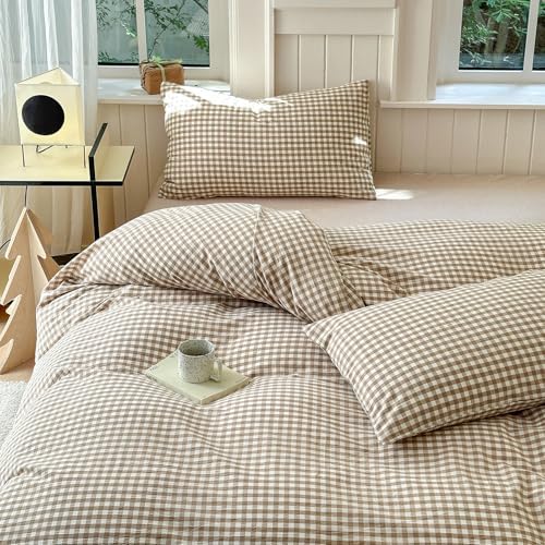LifeTB Tan Gingham Duvet Cover Grid Bedding Set Queen, Vintage Taupe