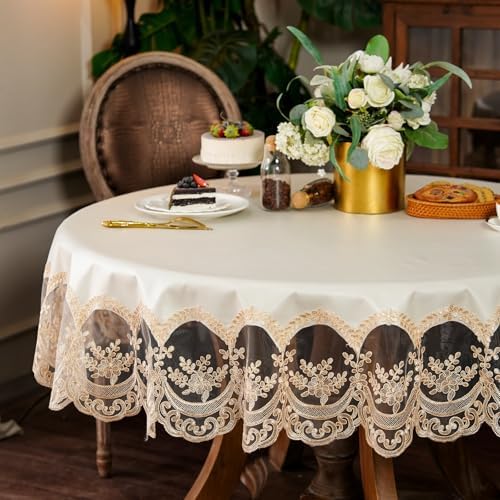ARTABLE Beige Waterproof Lace Round Tablecloth Macrame Wedding 70 Inch