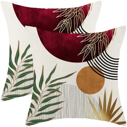 Boho Pillow Covers 18x18 Set of 2 Mid Century Burgundy Red Green Gold