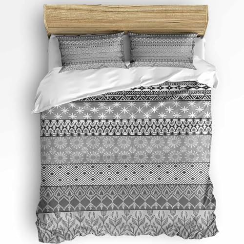 Duvet Cover Set Full, Ethnic Gray Geometric Retro 3 Piece Bedding Set