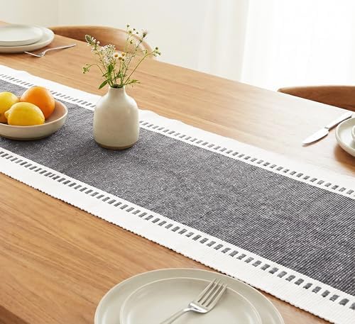 PurpleEssences Dobby Stripe Table Runner, 14x72 - Mineral Gray &
