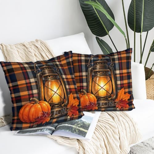 Leaves Plaid Pillow Covers 22x22 Inch Set of 2 Linen for Halloween