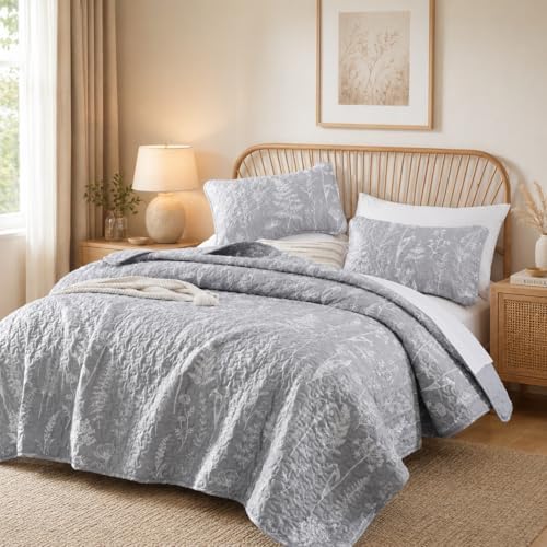 JANZAA Quilts Queen Size, Grey Qulit Set Bedspread Floral Bedding Set