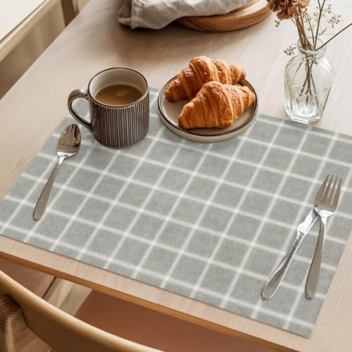 Grey Gingham Placemats Set of 8, Cotton Linen Fabric Place Mats