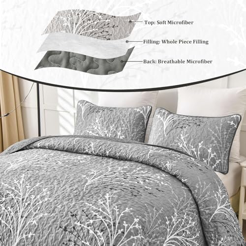 DJY Grey Quilt Set King Size - Branch Botanical Bedspread Coverlet Set