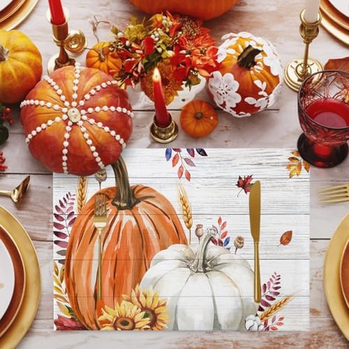 Fall Placemats Set of 8, Cotton Linen Fabric Place Mats, Thanksgiving