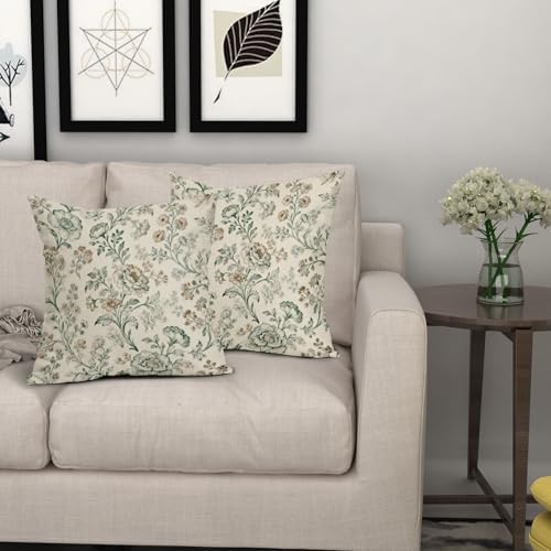 Sage Green Brown Vintage Floral Pillow Covers 22x22 Inch Set of 2